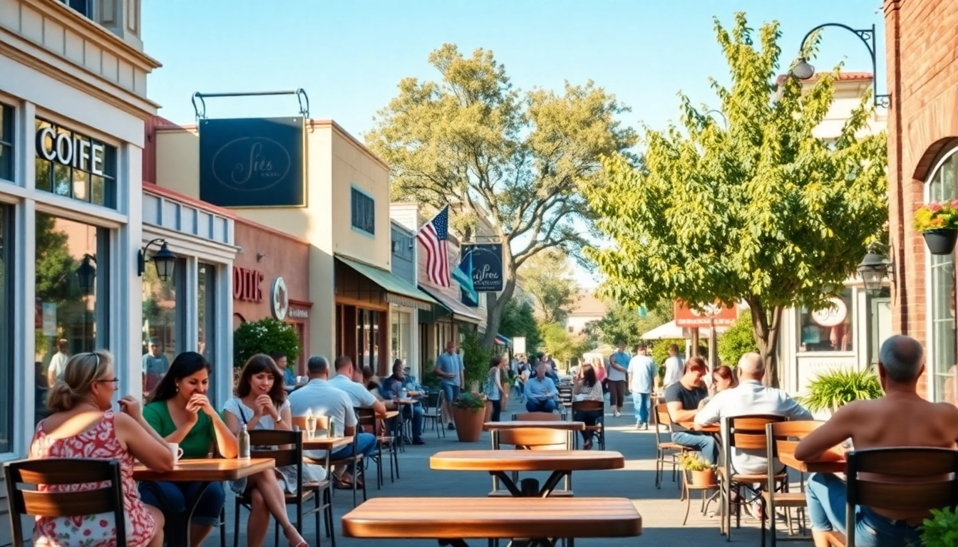 Enjoy a lively street view of Clarksburg ca with patrons at a charming café on a sunny day.