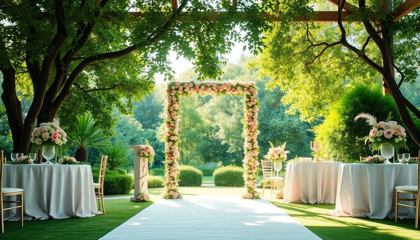 Hochzeitslocation mit romantischem Garten und eleganten Dekorationen für Trauungen.