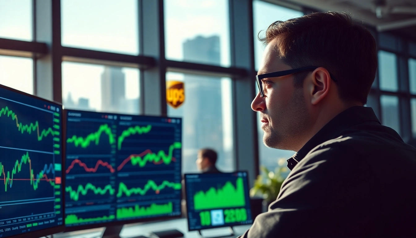 Analyst reviewing UPS stock price data with financial charts in a modern office