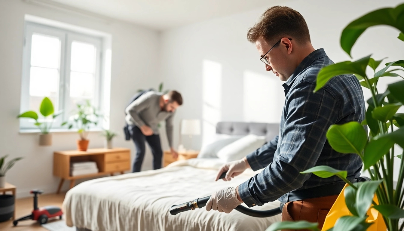 Expert bed bug exterminator inspecting a bed frame with professional tools in a bright room.