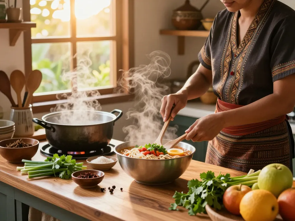 Delicious preparation of real khao soi noodles recipe with fresh ingredients in a cozy Thai kitchen
