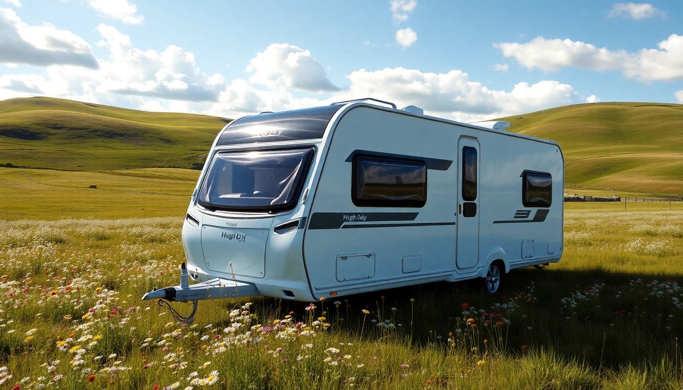 Experience the luxury of Hugh Daly Caravans set against a serene countryside backdrop.