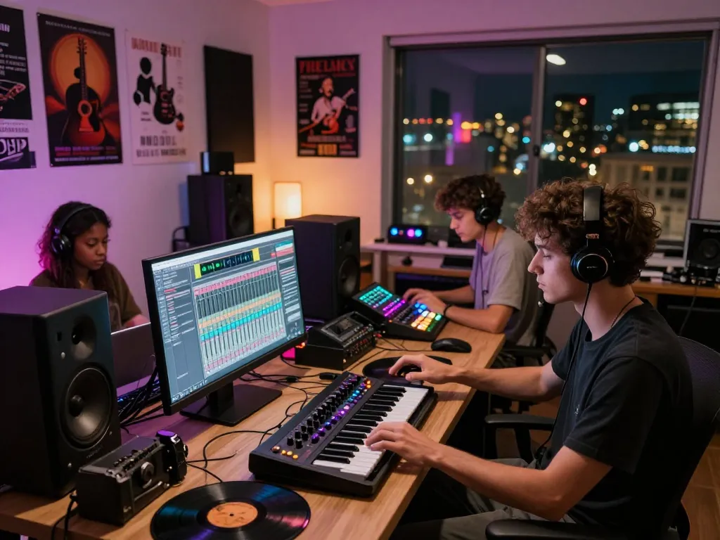 Collaborative music production session featuring 8Day artists creating electronic tracks in a vibrant studio.