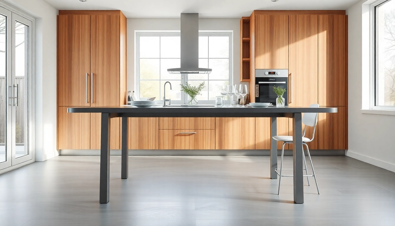 Admire a steel table for kitchen in a modern setting, featuring sleek design and bright atmosphere.