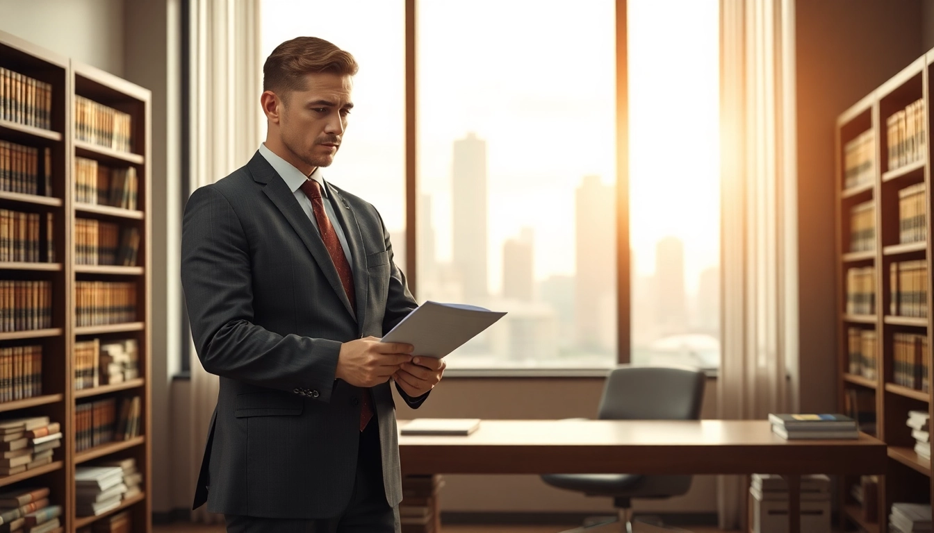 Houston Personal Injury Attorney reviewing legal documents in a modern office setting.