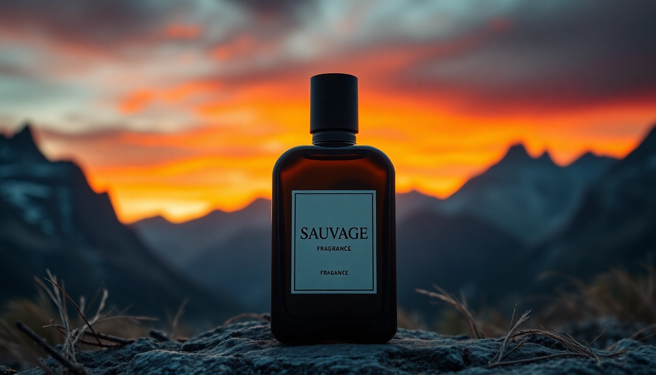 Sauvage fragrance bottle showcased against a rugged landscape at sunset.