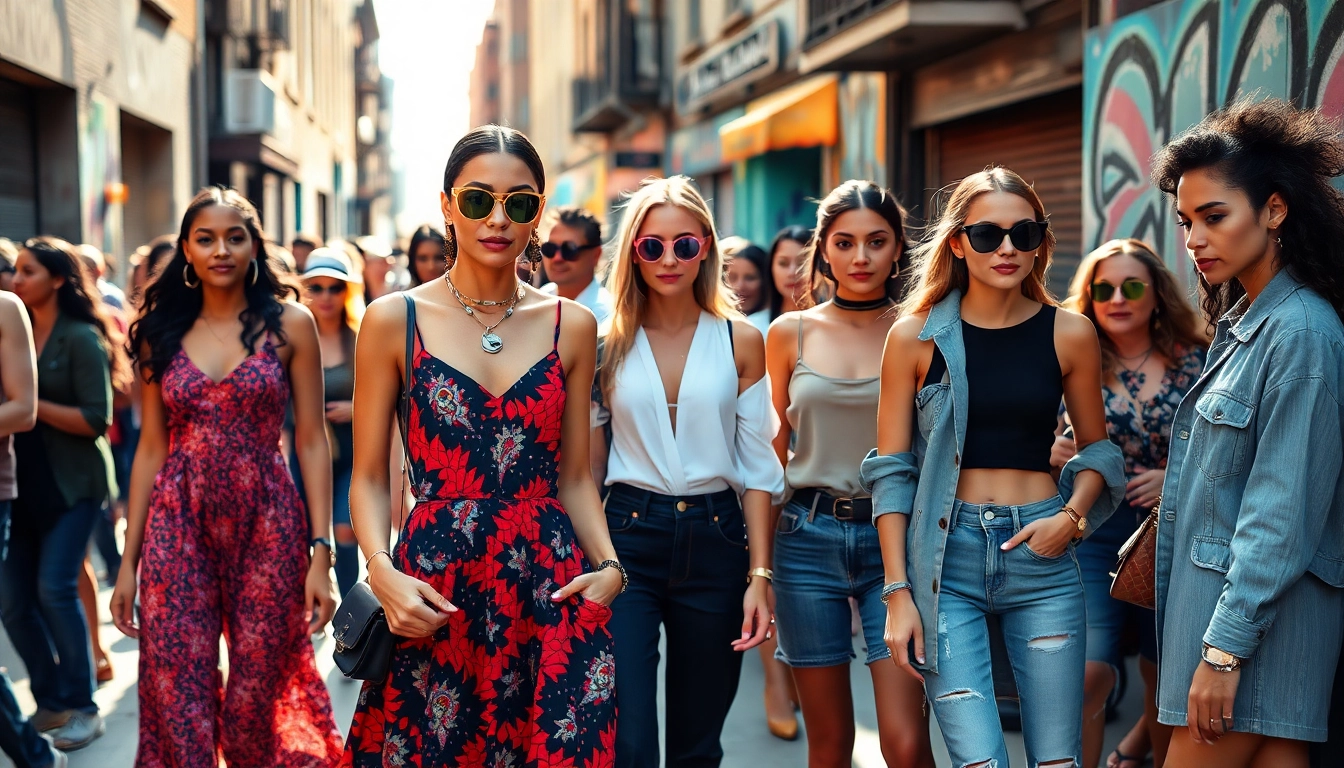 Showcasing dynamic women fashion looks in an urban environment with stylish outfits.