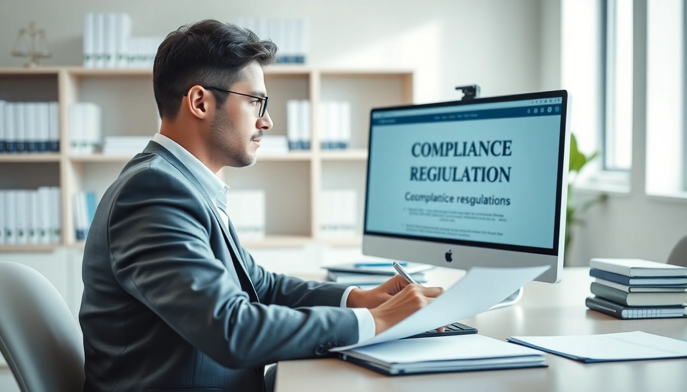 Professional compliance consultant emphasizing FCPA/DCAA/Flowdown/ITAR/EAR compliance regulations in a modern office.