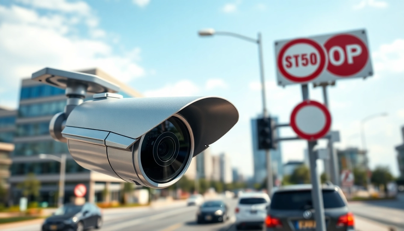 Showcasing a license plate recognition camera in action, monitoring vehicles on a city street.
