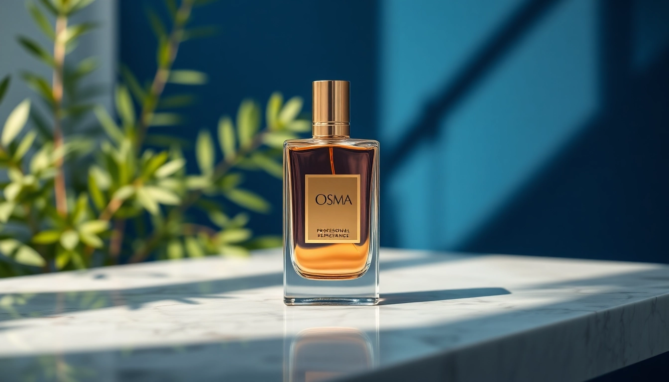 Osma parfumfles op een elegante marmeren tafel met natuurlijke verlichting.
