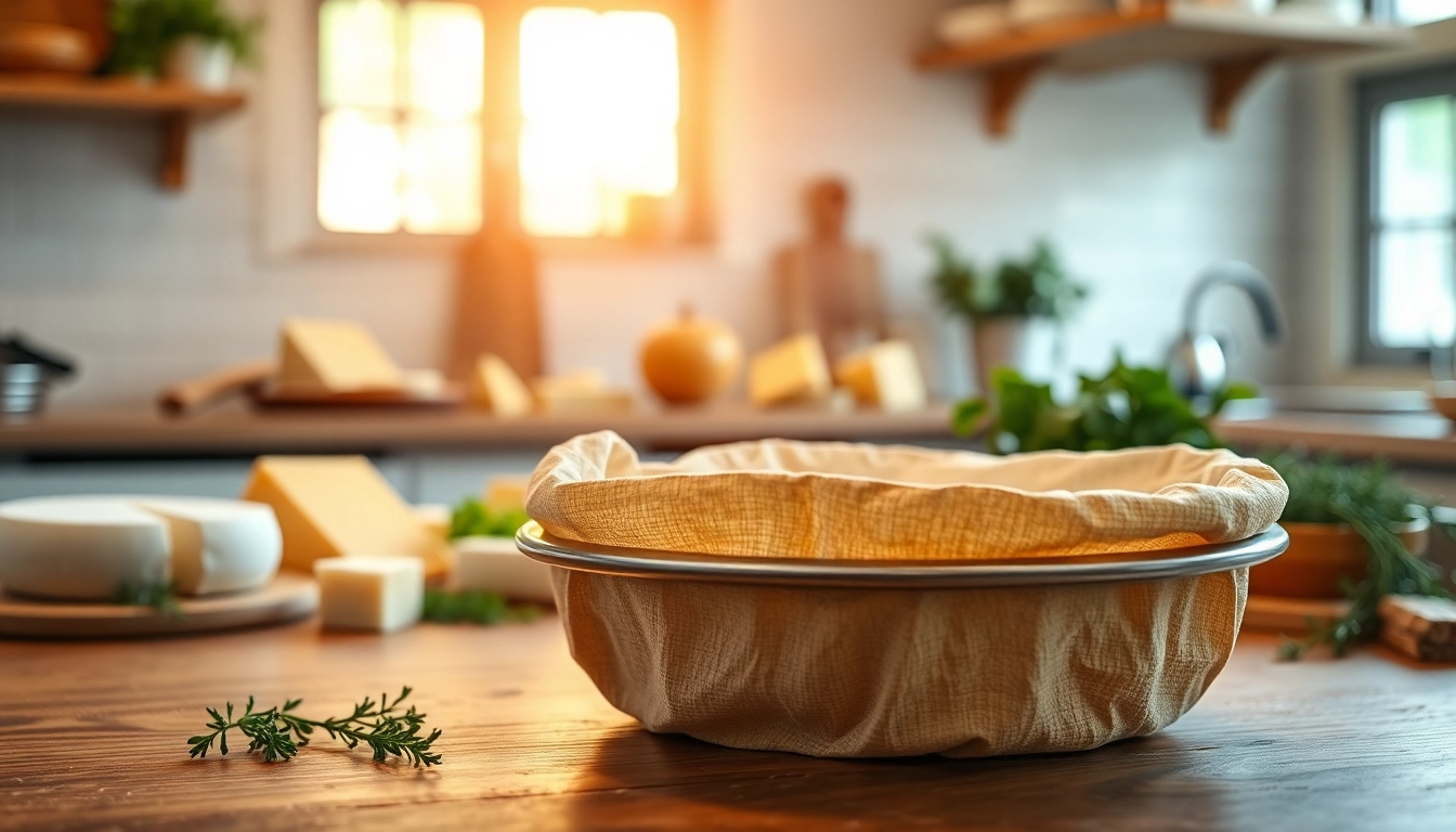 Kaasdoek gebruikt voor het zeven van kaas in een sfeervolle keuken.
