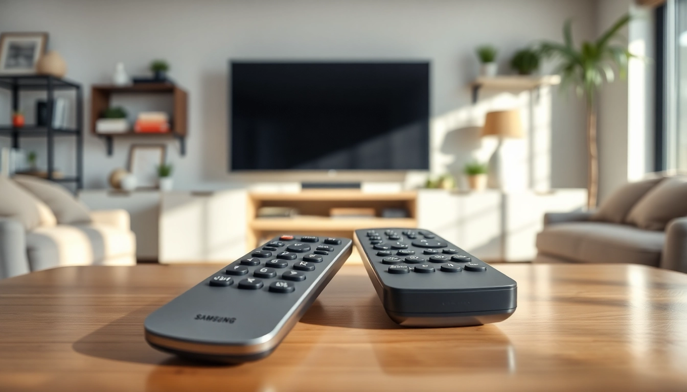 Bedient den Samsung BN59-01386A remote in einem modernen Wohnraum mit eleganter Ausstattung.