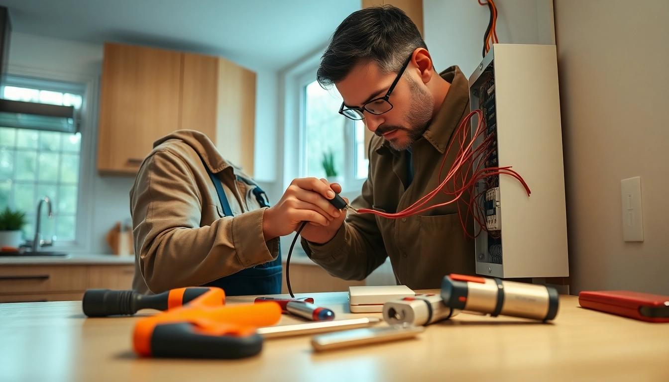 Residential electrician Burnaby repairing an electrical panel in a bright kitchen.