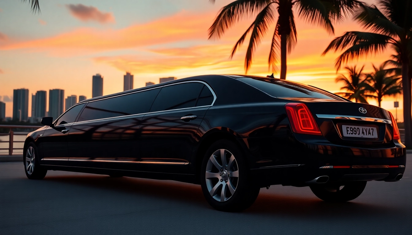 Experience a premium Miami limo service with a luxury black limousine against a vibrant sunset backdrop.