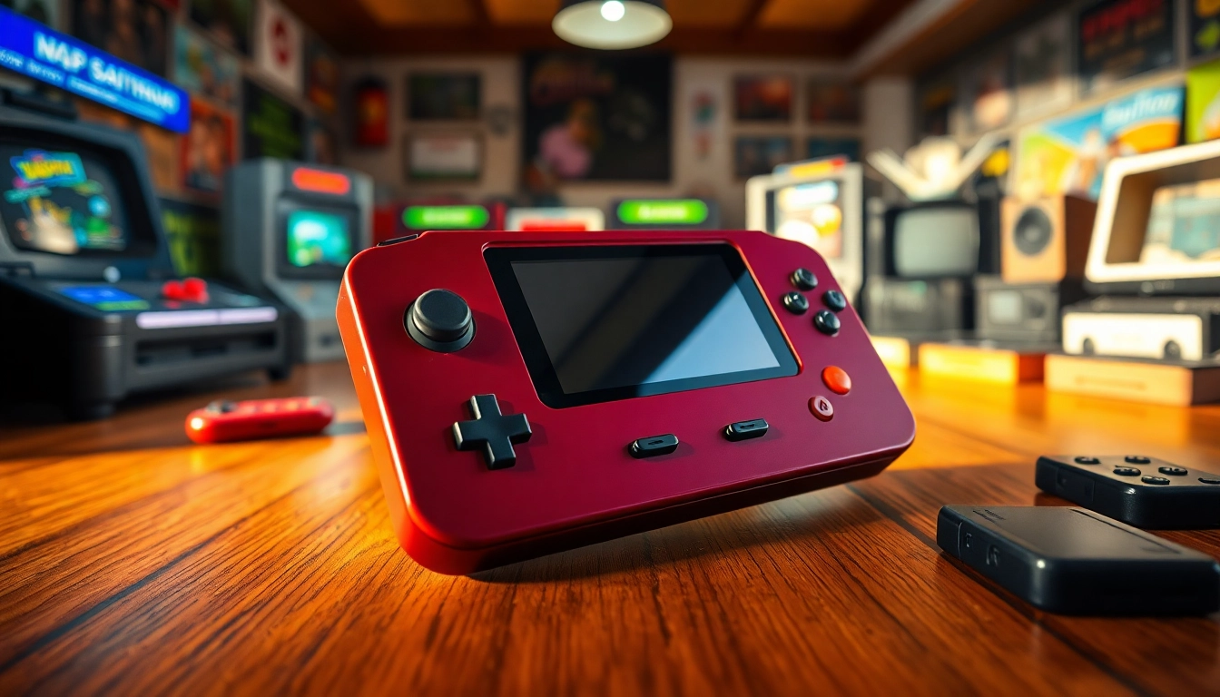 Engaging view of the R36s Retro Game Handheld with a retro gaming backdrop.