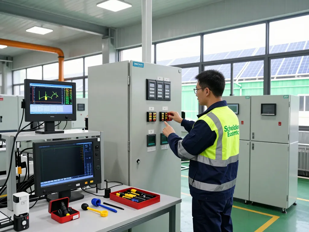 Technician analyzing Schneider Electric energy solutions in a modern manufacturing environment.