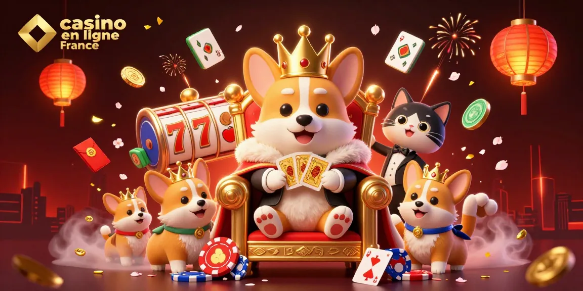 Jouer au casino en ligne France avec des corgis royaux dans une illustration animée 3D festive.