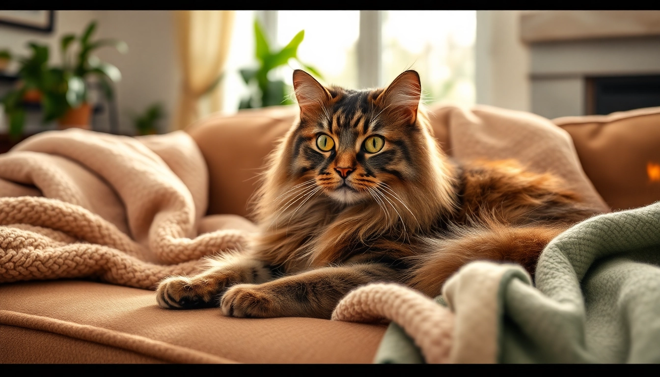 Maine Coon cats for sale relaxing in a cozy home environment with lush greenery.