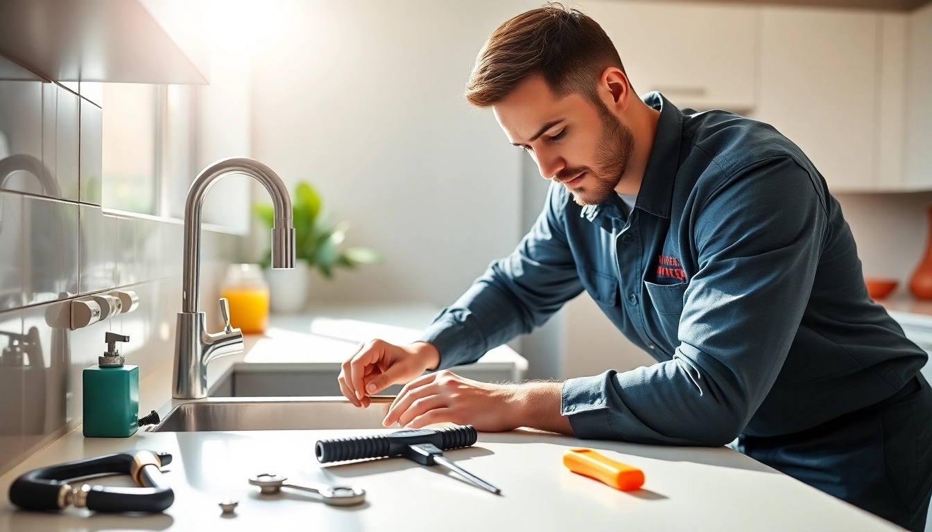 Engaged plumber near me repairing a sink in a well-lit kitchen.