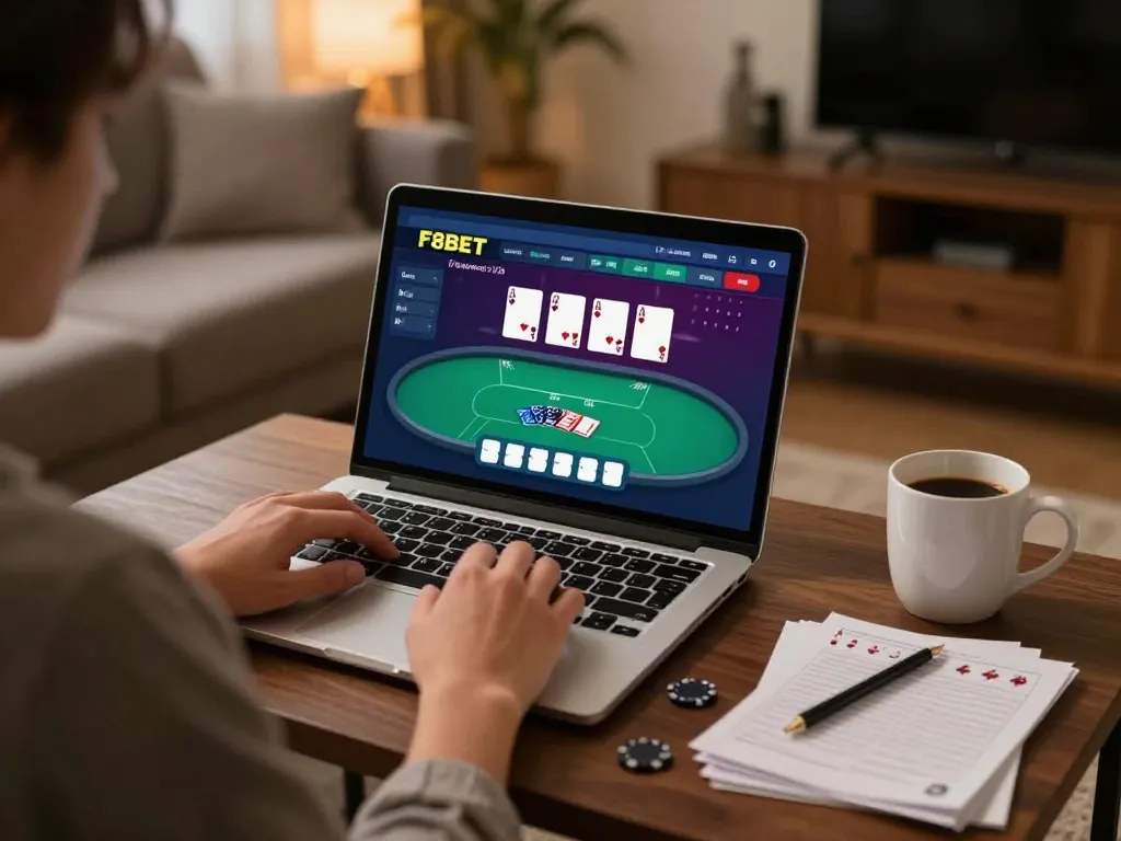 Engaging with F8BET online poker on a laptop in a cozy home setting.