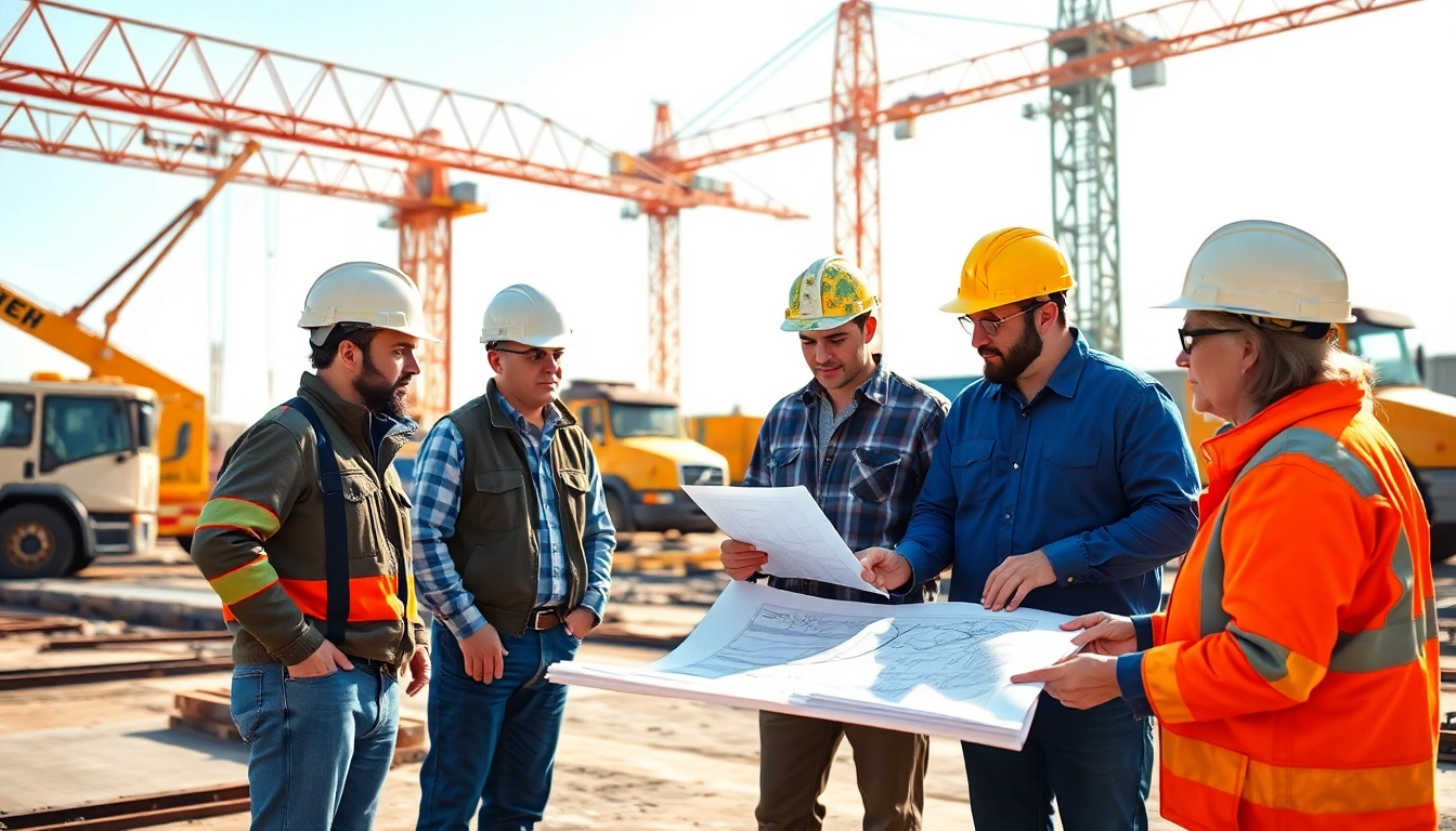Tennessee construction association members collaborating on a project site with blueprints and machinery.