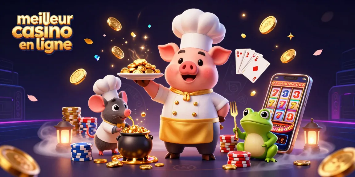 Illustration dynamique avec un chef porcin et un critique dégustant des pièces d'or dans le meilleur casino en ligne.
