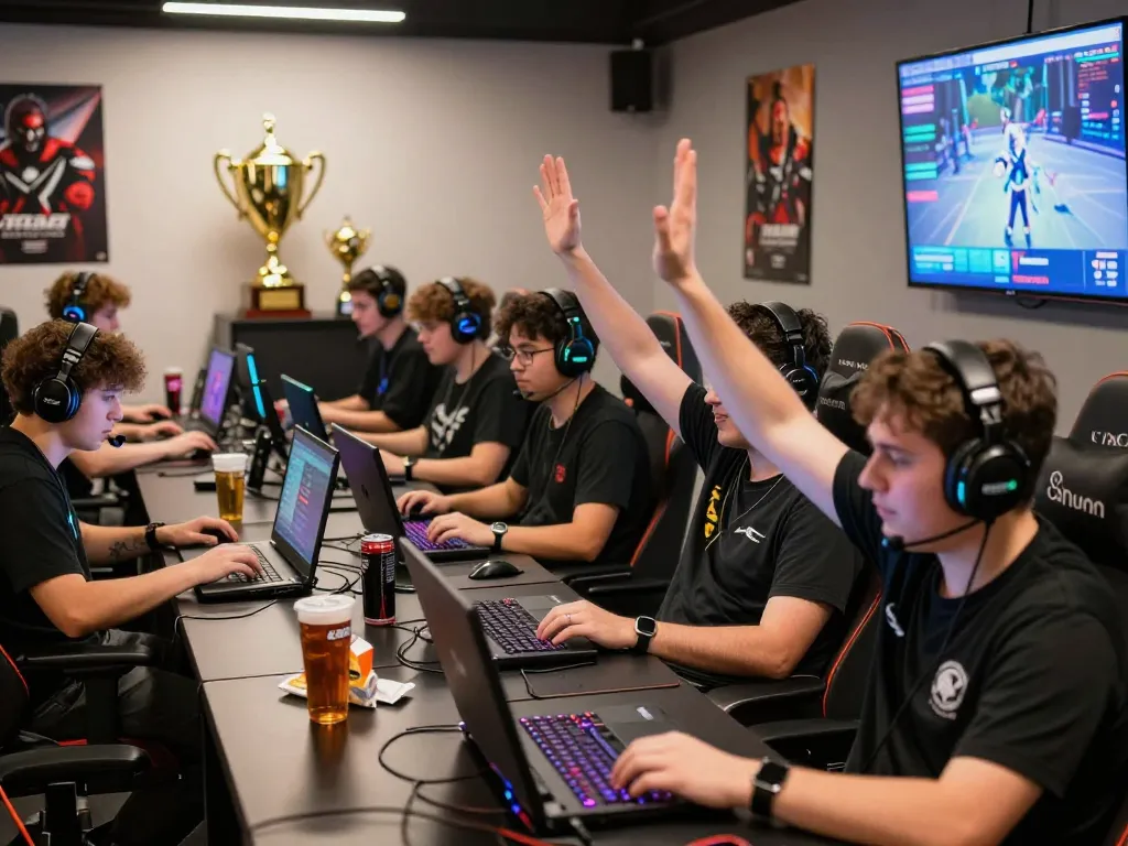 Players immersed in the ligasedayu gaming tournament, showcasing vibrant screens and celebratory atmosphere.