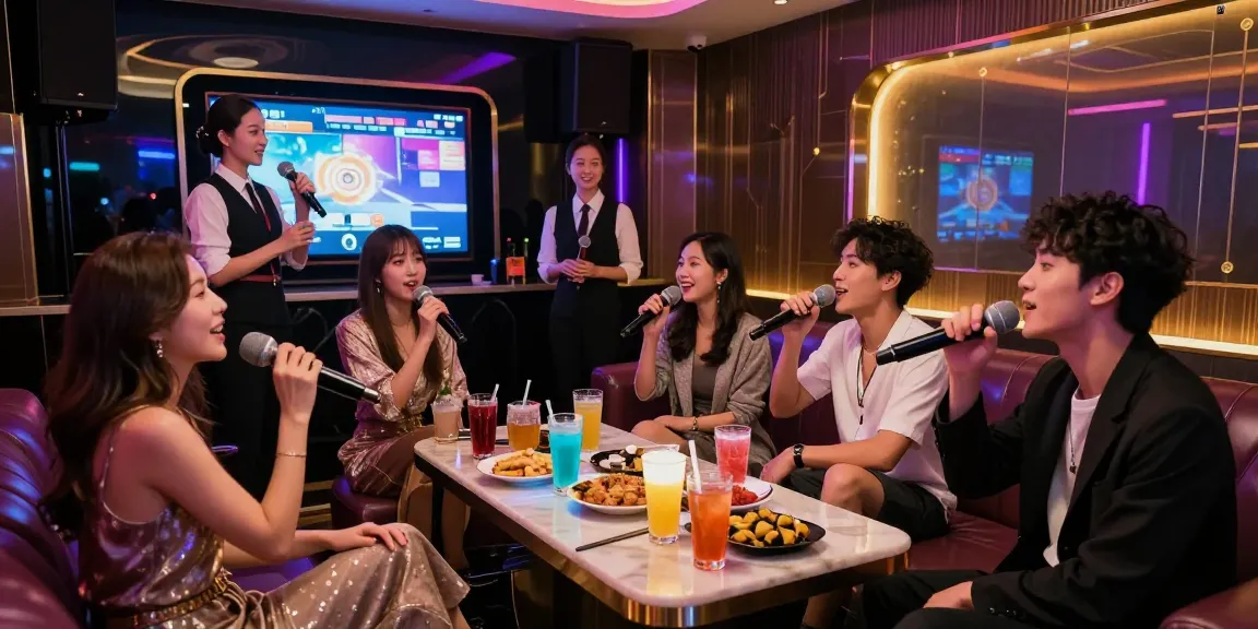 강남 가라오케에서 친구들과 함께 노래를 부르는 즐거운 모습, 고급 음향 시스템과 화려한 조명, 친절한 매니저가 함께해 더욱 특별한 경험을 제공합니다.