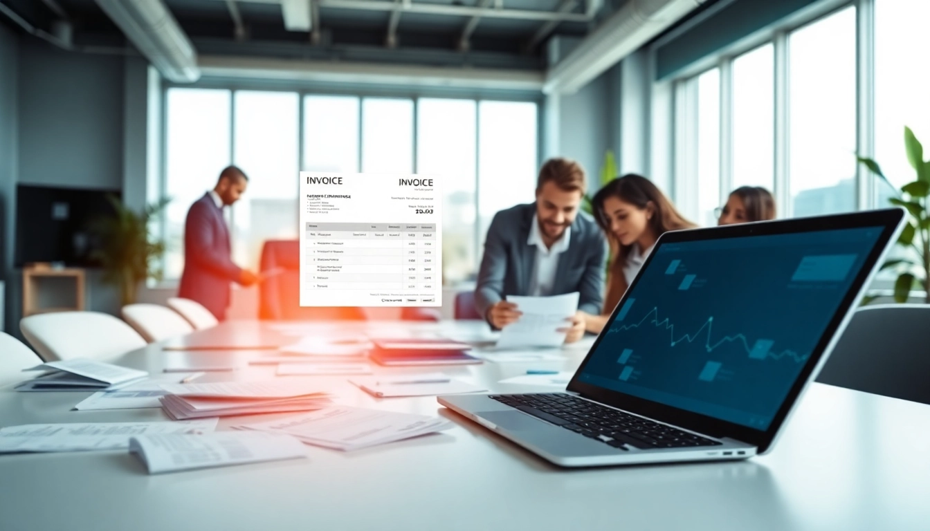 Efficient invoice processing software displayed on a laptop amidst a collaborative workspace.