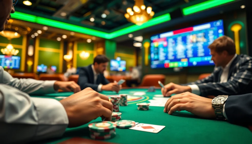 Engaging scene of best online casinos in South Carolina showcasing vibrant card games and digital interfaces.