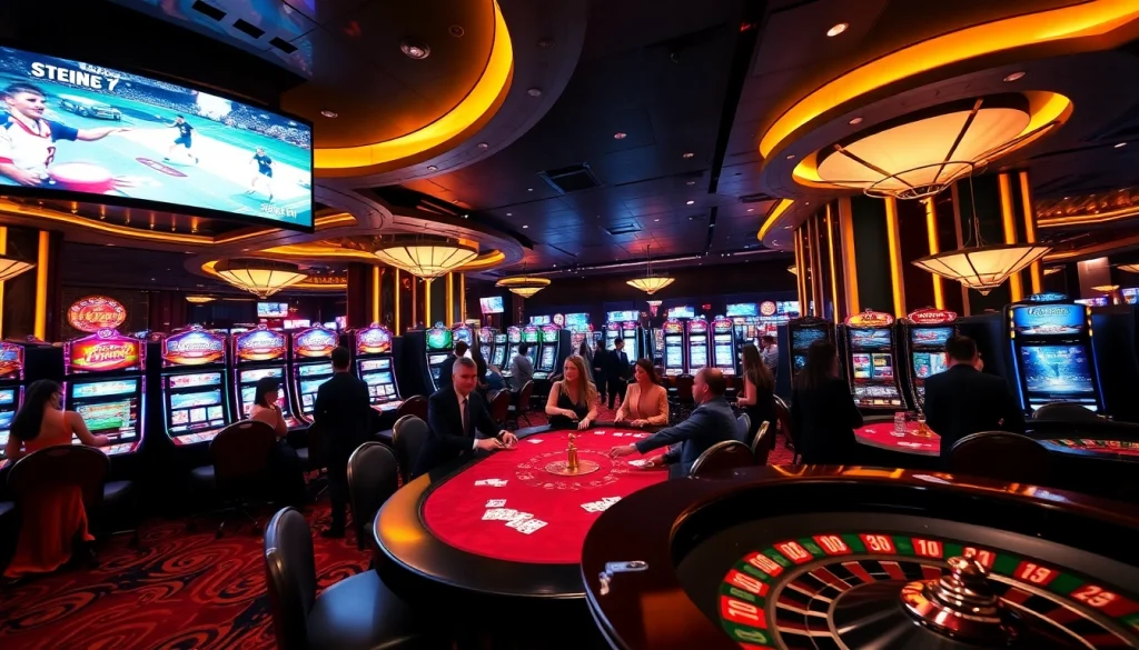 Exciting gambling action at 56WIN casino with poker tables and vibrant slot machines.