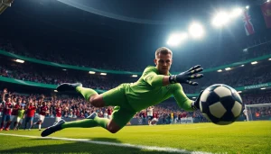 เรอัลมาดริด goalkeeper diving to save a crucial goal during an exciting match.