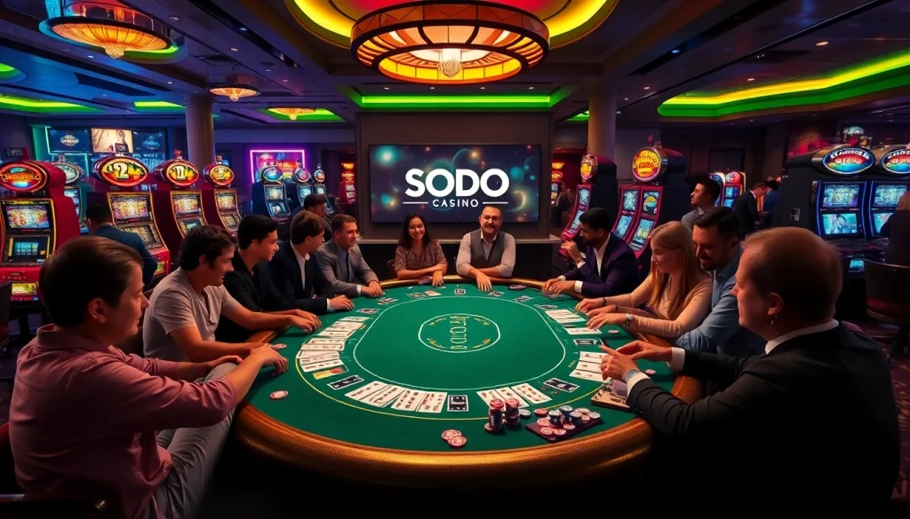SODO Casino scene with players at a poker table, highlighting high-stakes excitement.