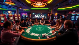 SODO Casino scene with players at a poker table, highlighting high-stakes excitement.
