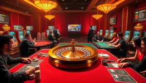 Action-packed scene at a RR88 casino with roulette and poker excitement, gambling thrill at https://rr88co.net/.