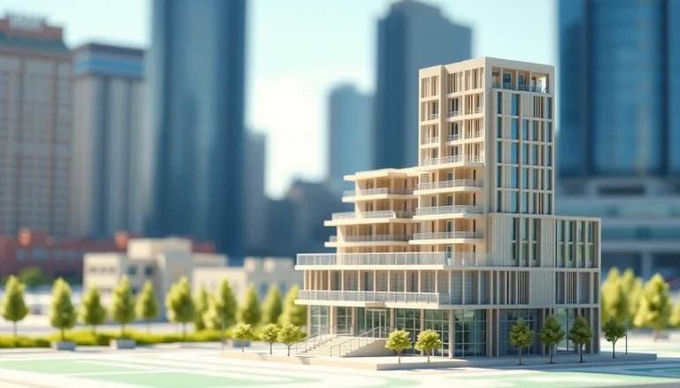 Architekturmodellbau Berlin: Detailliertes Modell moderner Architektur mit urbanem Hintergrund