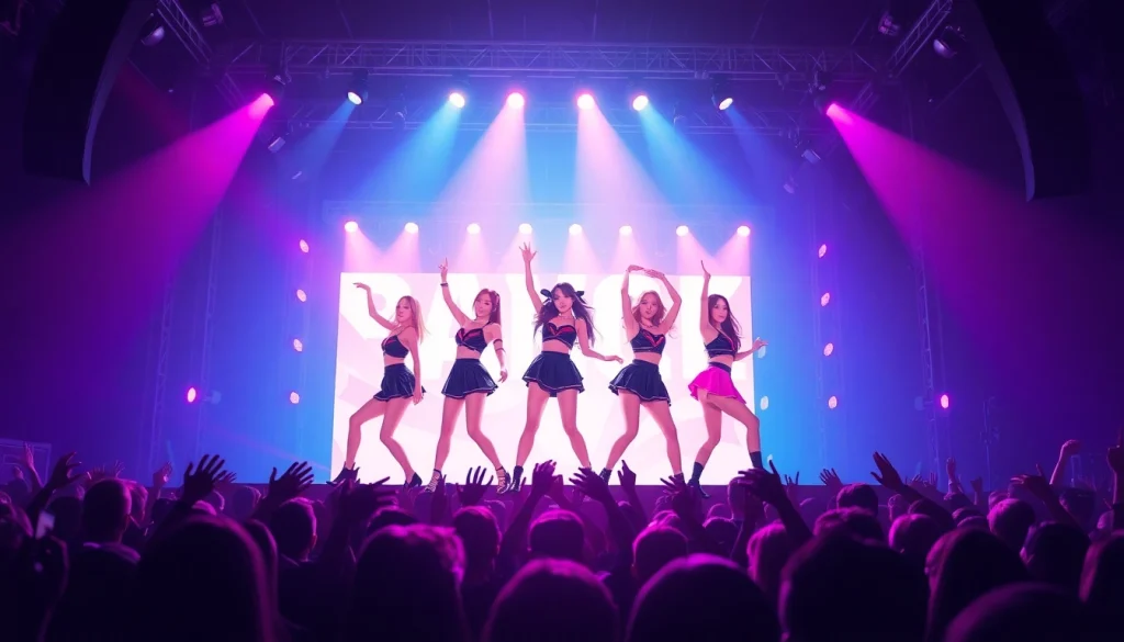 Engaging Blackpink news with members performing energetically on stage before an excited crowd.