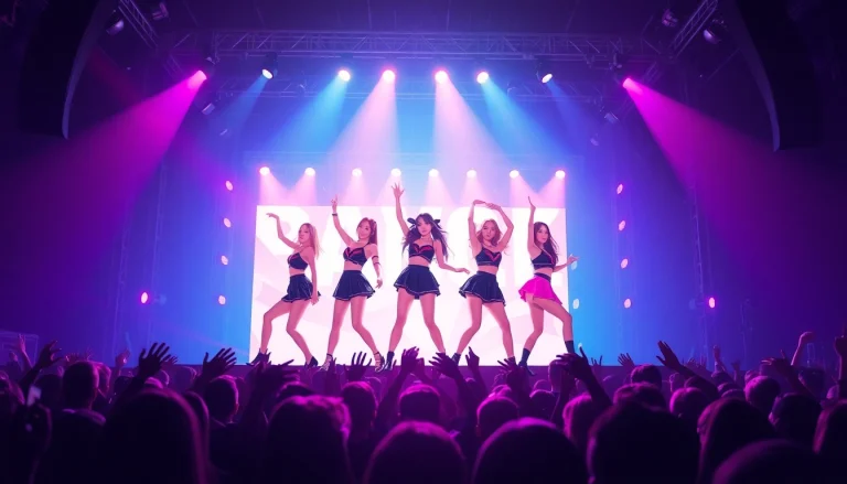 Engaging Blackpink news with members performing energetically on stage before an excited crowd.