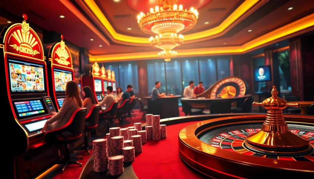 Experience the thrill of online gaming at OK365, featuring interactive casino tables and vibrant slot machines.