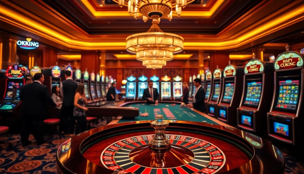 OKKING gaming table with players enjoying dynamic casino action and vibrant slot machines.