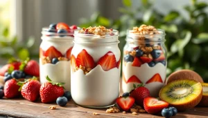 Create a nutritious breakfast with https://masonjarbreakfast.com featuring colorful layers in mason jars.