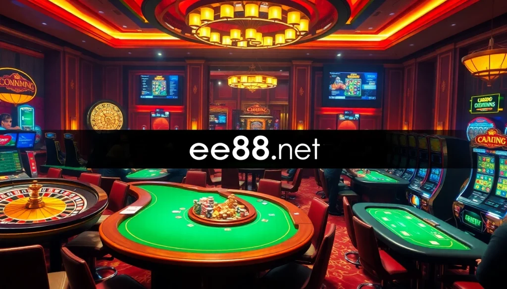 Exciting gaming action at ee88 net casino with vibrant roulette and poker tables.