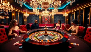 Players engaging in high-stakes gameplay at https://www.6l777.vip/ casino roulette table with colorful chips.