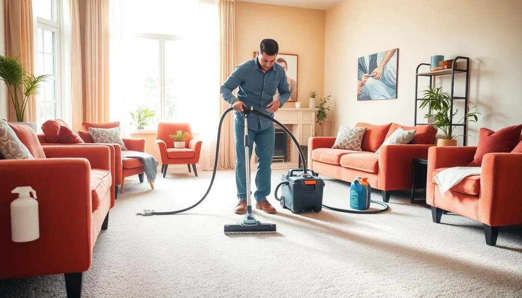Carpet cleaning Roseville CA with a technician performing professional cleaning in a cozy living room.
