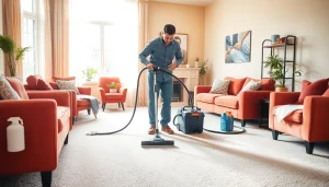 Carpet cleaning Roseville CA with a technician performing professional cleaning in a cozy living room.