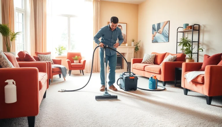 Carpet cleaning Roseville CA with a technician performing professional cleaning in a cozy living room.