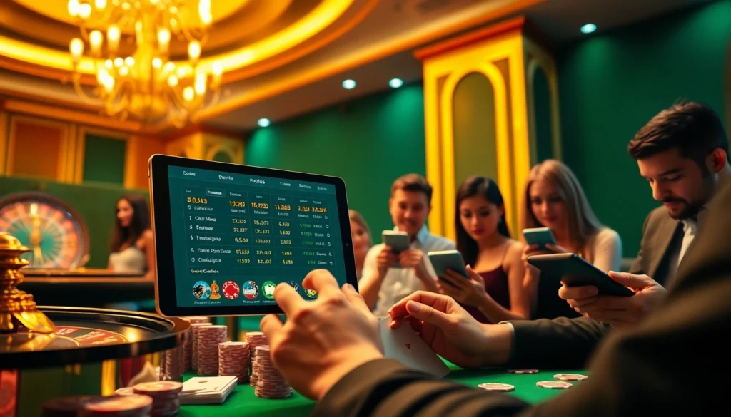 Lô Đề online betting interface showcased on a sleek digital tablet in a vibrant casino setting.