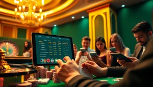 Lô Đề online betting interface showcased on a sleek digital tablet in a vibrant casino setting.