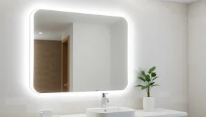 Reflecting tranquility, this elegant bathroom mirror enhances modern spaces with integrated LED lights.