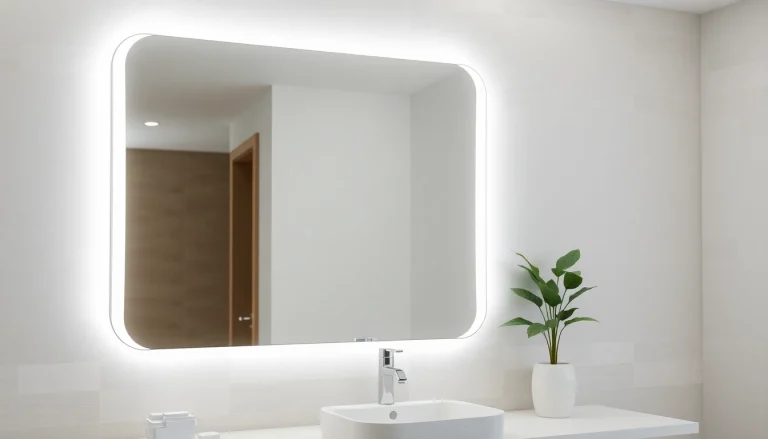 Reflecting tranquility, this elegant bathroom mirror enhances modern spaces with integrated LED lights.